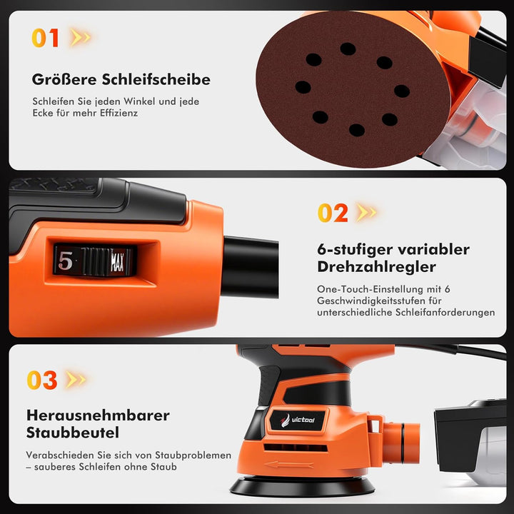 Exzenterschleifer 125mm, 350W Schleifmaschine, 6 Geschwindigkeiten 6000-13000 U/min, Multischleifer