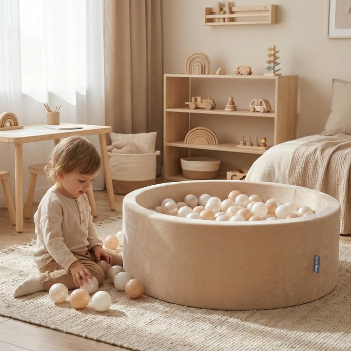 KiddyMoon Rund Bällebad Velvet Bällepool 90X30cm/200 Bälle ∅ 7Cm Ballgruben Für Babys Spielbad Klein