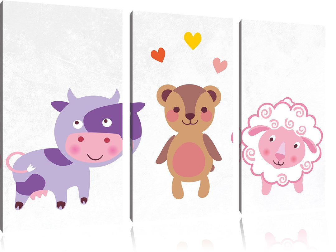 Pixxprint Kuh Teddy und Schaf als Leinwandbild/Grösse: 3 Teilig (120x80) cm/Wandbild/Kunstdruck/fert
