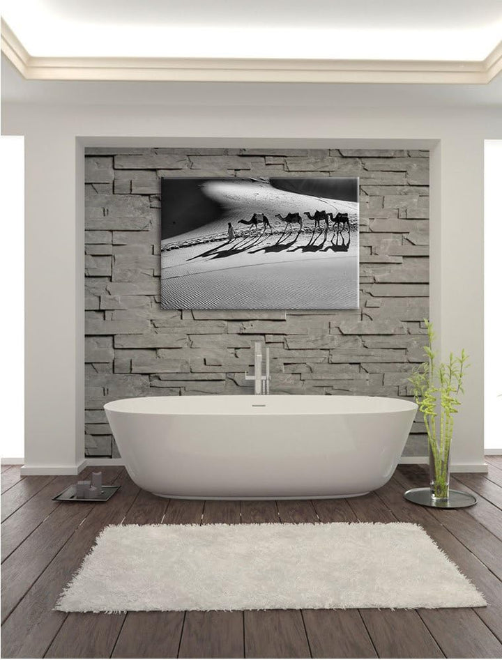 Pixxprint Monocrome, Kamelkarawane in der Wüste, Format: 100x70 auf Leinwand, 100x70
