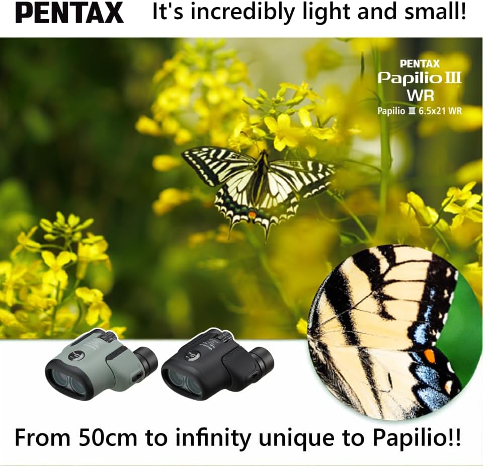Pentax Papilio III Fernglas, 6,5 x 21, wetterfest, Schwarz, Fokus 50 cm, spritzwassergeschützt, Muse