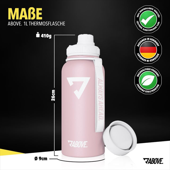 ABOVE. Trinkflasche Edelstahl 1L I Gratis Trinkverschluss I BPA-FREI I Thermosflasche hält bis zu 12