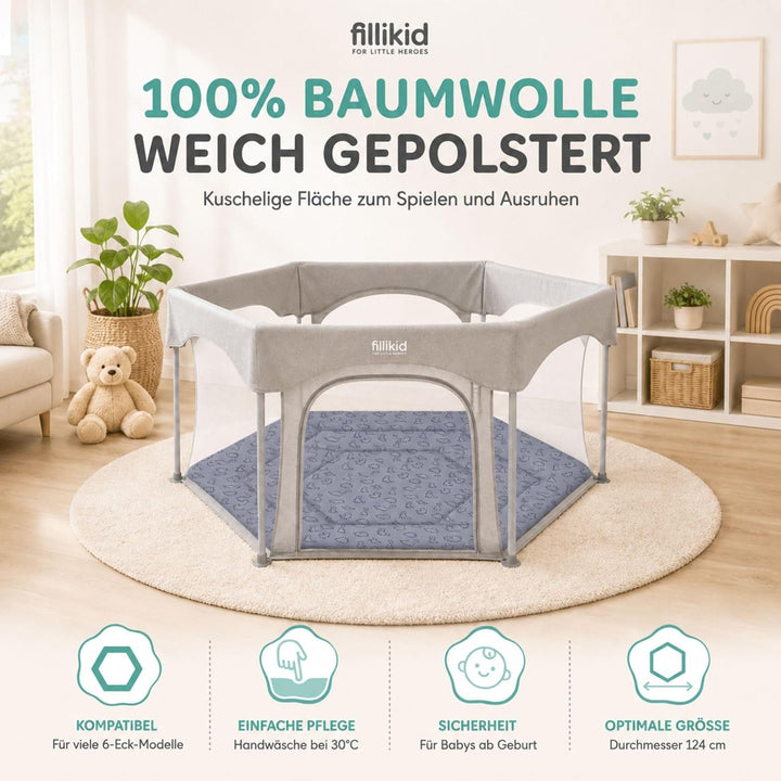 Fillikid Einlage Laufstall 6-eckig Exklusiv | Krabbeldecke Laufgitter 124 cm | Schutzeinlage Laufgit