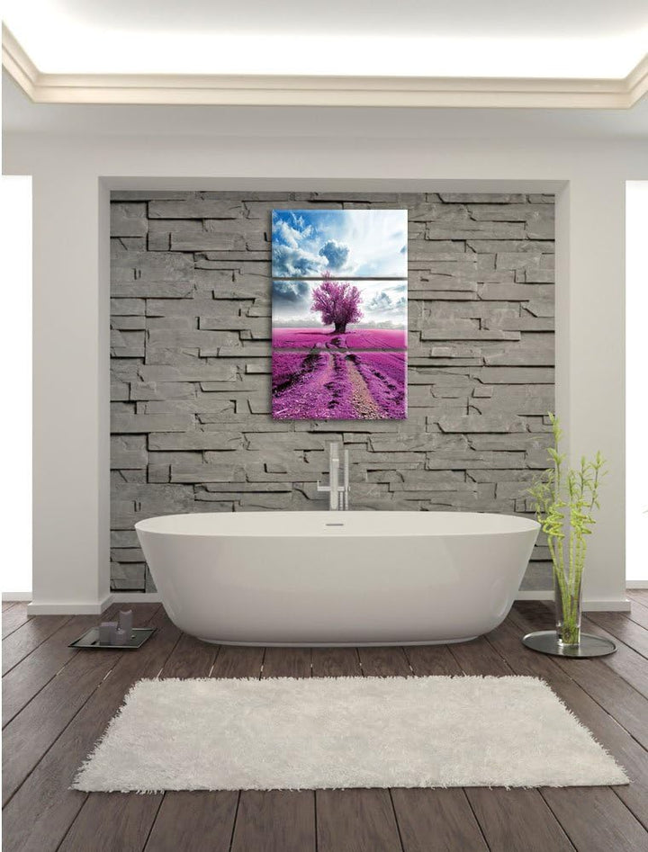 Pixxprint Pinkes Feld mit pinkem Baum 3-Teiler Leinwandbild 120x80 Bild auf Leinwand