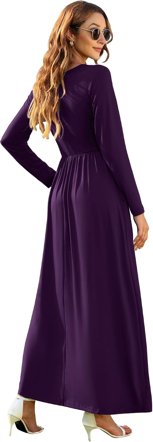 AUSELILY Damen Langarm Maxikleider Lässige Langkleider mit Taschen Winter S Lila, S Lila