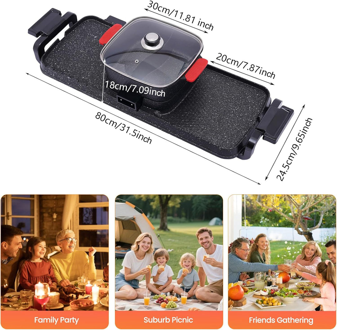 2 in 1 Elektrischer Hot Pot Grill, 1100W+2200W Multifunktionale BBQ Hot Pot, Korean Barbecue Hot Pot