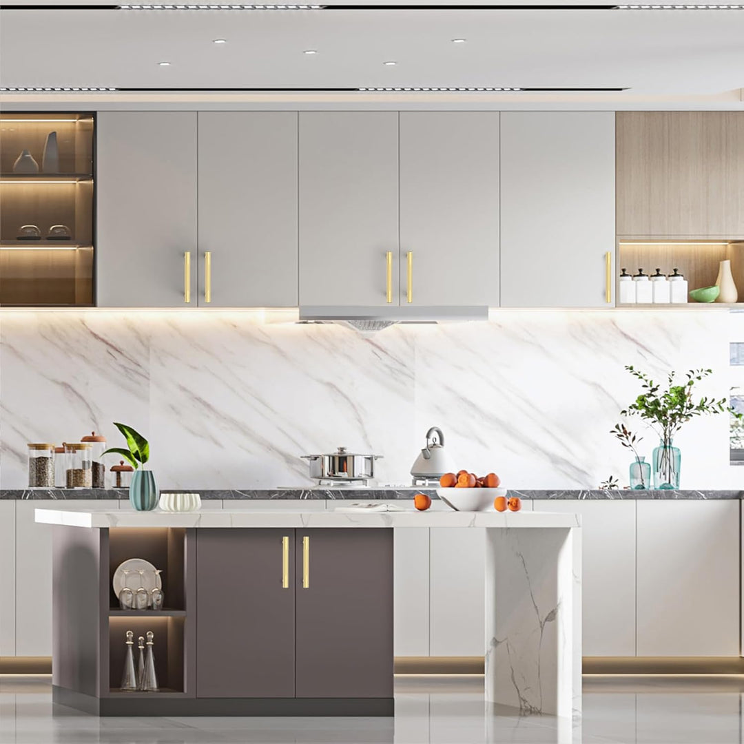Amerdeco 10 Stück Gold Gerändelte Schrankgriffe 96mm Lochabstand, Aluminium Griffe für Küchenschränk