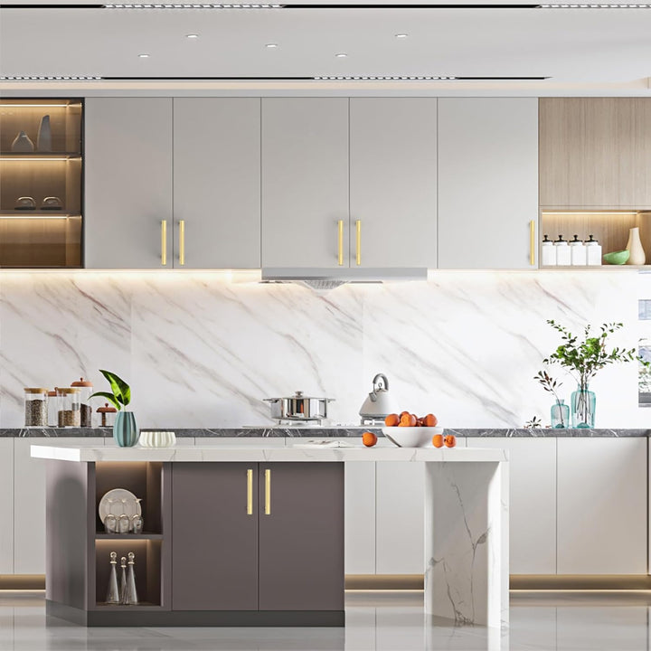 Amerdeco 10 Stück Gold Gerändelte Schrankgriffe 96mm Lochabstand, Aluminium Griffe für Küchenschränk