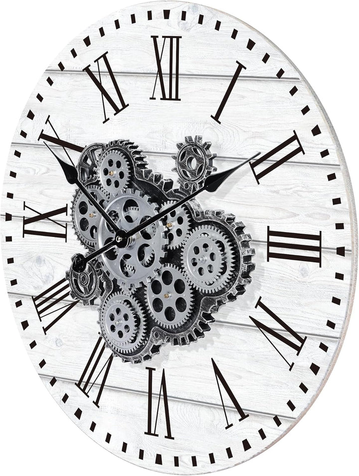 Lafocuse Weiss Wanduhr Gross mit Beweglichen Zahnrädern Industrial Steampunk XXL Holz Vintage Retro