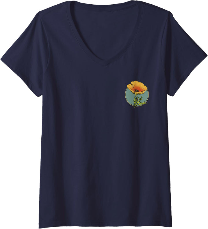 Damen California Poppy Creative Outline and Picture Front & Back T-Shirt mit V-Ausschnitt