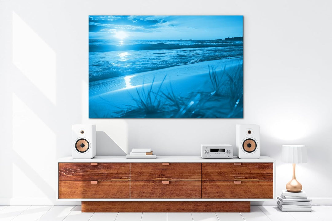 deyoli Sonnenuntergang am Wasser Format 80x60 Effekt: Monocrome Blau als Leinwandbild, Motiv fertig