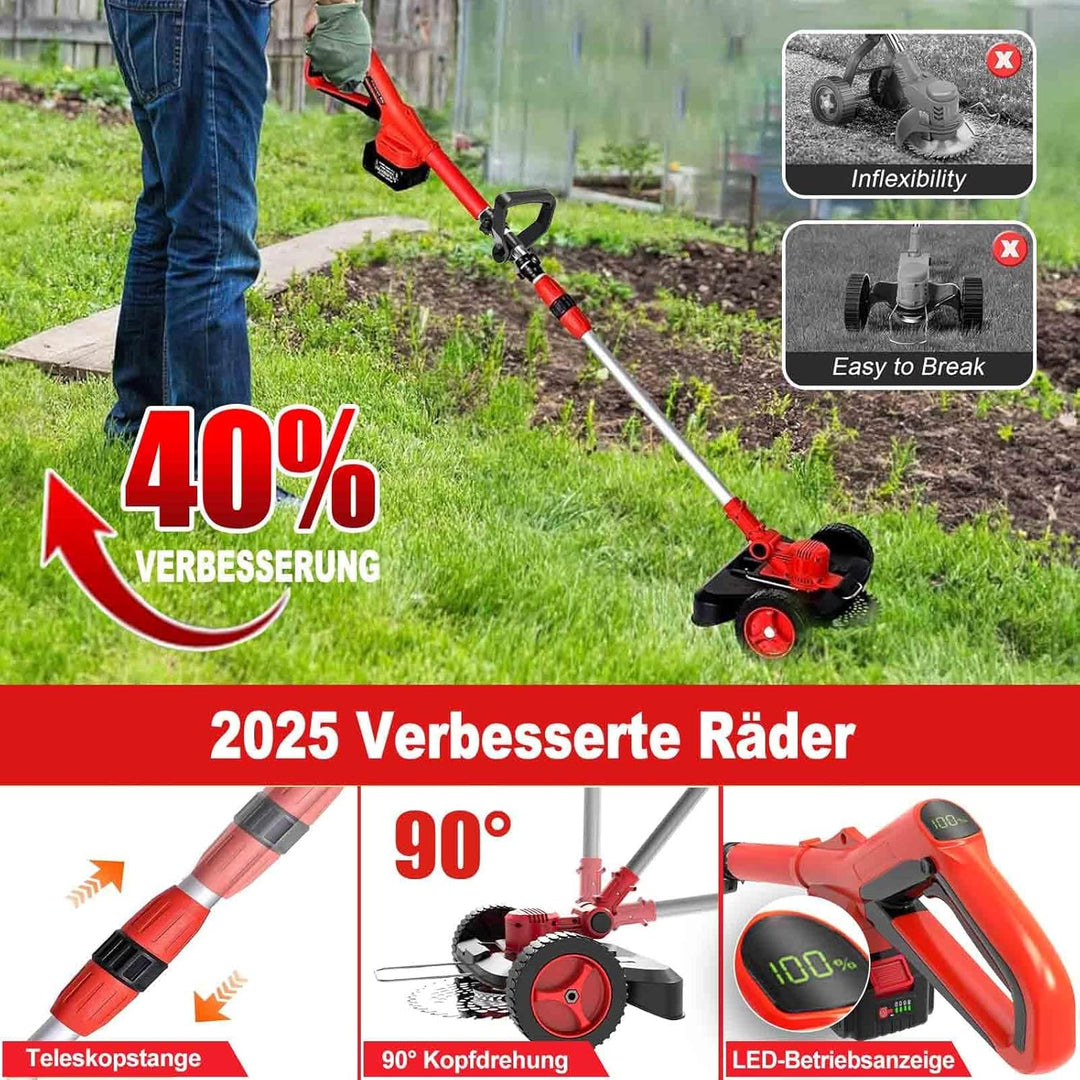 Rasentrimmer mit Akku und Unkrautbürste, 9" Bürstenlose Freischneider,mit 2 Akku 4.0Ah, 21v unkrautb
