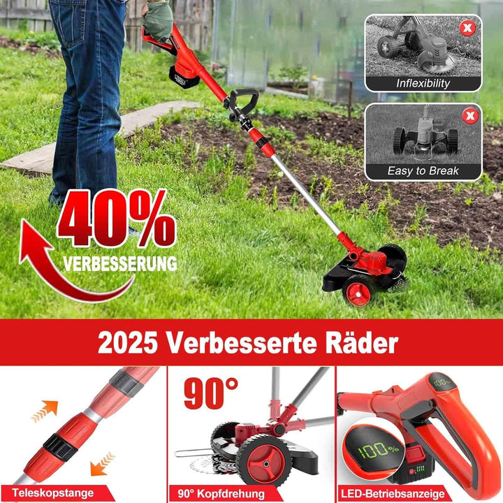 Rasentrimmer mit Akku und Unkrautbürste, 9" Bürstenlose Freischneider,mit 2 Akku 4.0Ah, 21v unkrautb