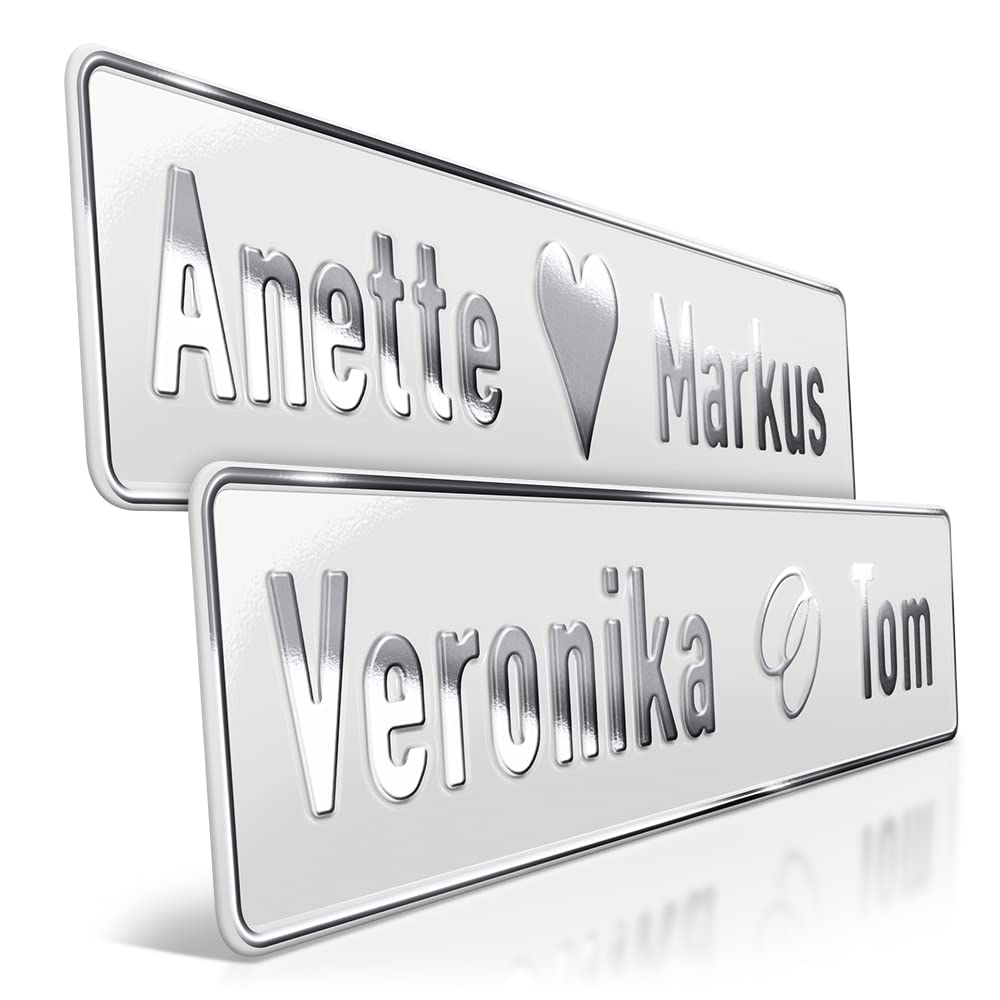 1 Hochzeit Autoschild | Weiss | Silberprägung Wunschtext | Herz &amp; Ringe Platine: Weiss, Platine: Wei