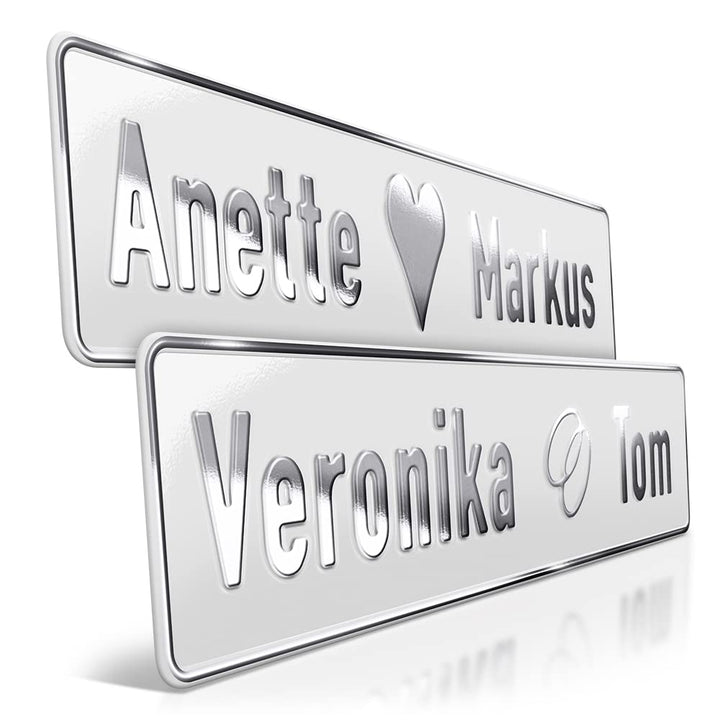1 Hochzeit Autoschild | Weiss | Silberprägung Wunschtext | Herz &amp; Ringe Platine: Weiss, Platine: Wei