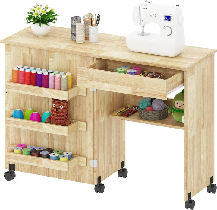 Nähtisch Klappbar, 2-in-1 Nähmaschinentisch, Nähmaschinenschrank mit Offenen Ablagefächern und Rolle