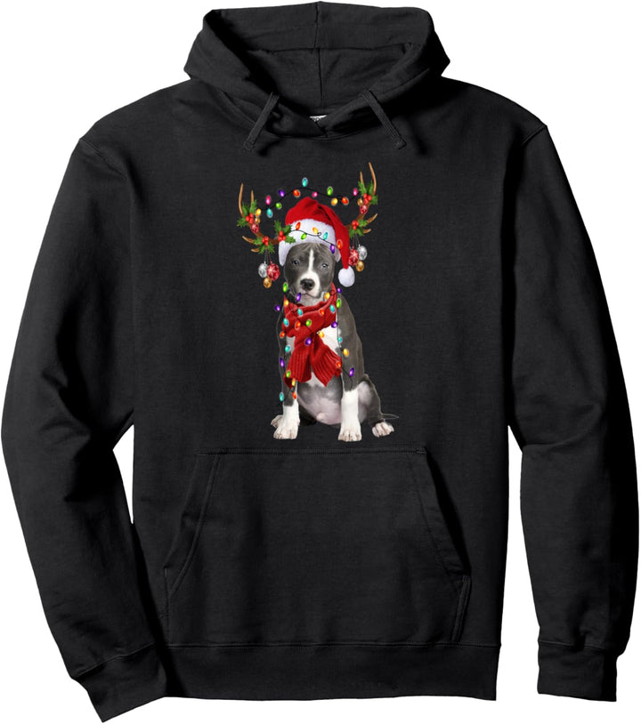 Santa AmStaff Hunde-Rentier Weihnachtsbeleuchtung Pullover Hoodie