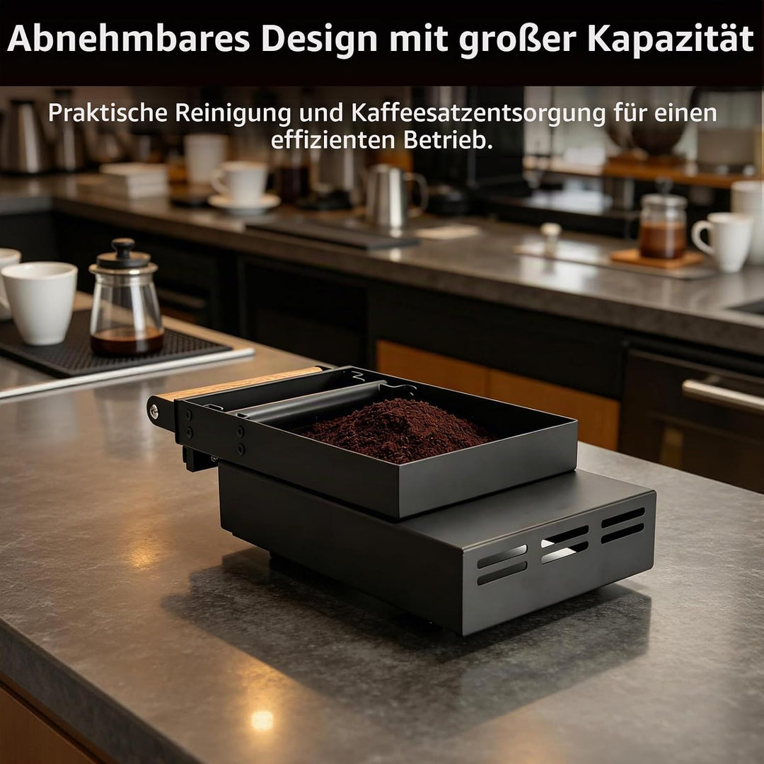 Abklopfbehälter Sudschublade, Abschlagbehälter für Siebträger, Knockbox Edelstahl Schwarz mit Holzgr