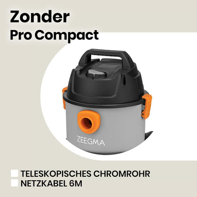 Zeegma ZONDER Pro COMPACT Nass-/Trockensauger, Kompakter Industriestaubsauger 1000W, Behälter 6 L, P