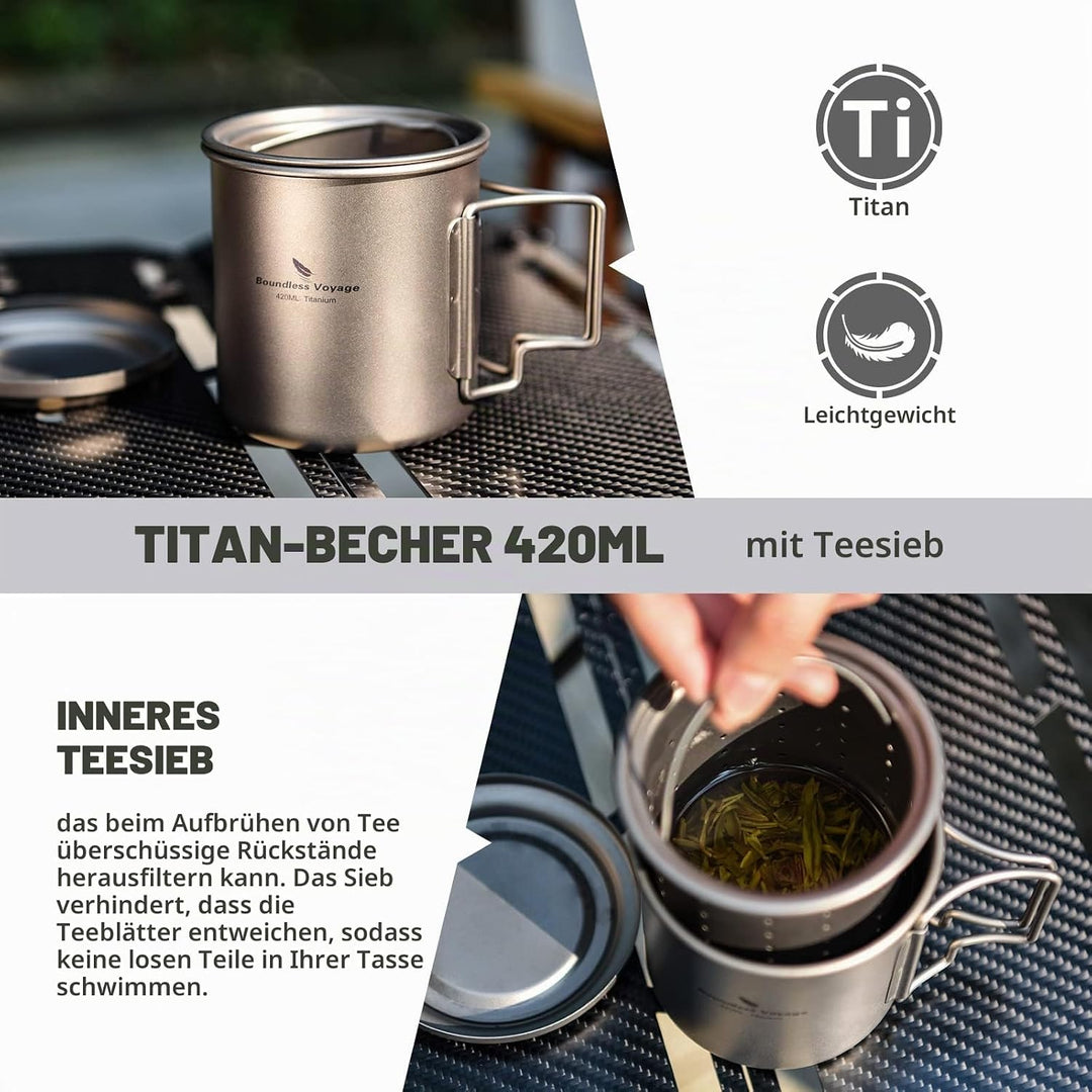 iBasingo 420ml / 14.2 fl oz Titan Becher mit Teesieb und Deckel Leichte Tasse mit Filter Outdoor Cam