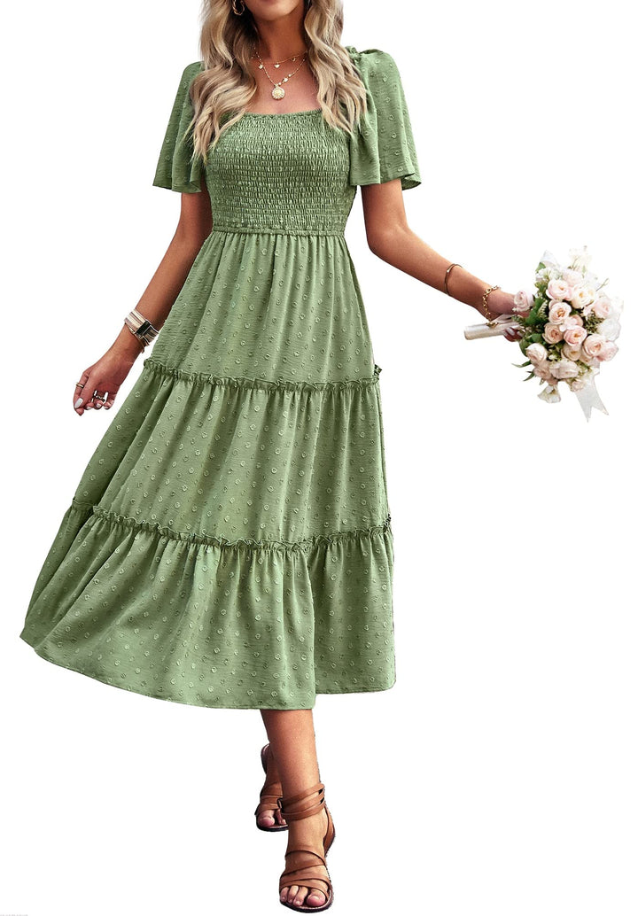 Damen Smocked Midi Kleid Kurzarm U-Ausschnitt Sommerkleid A-Linie Maxikleid Cocktail XL Grün, XL Grü