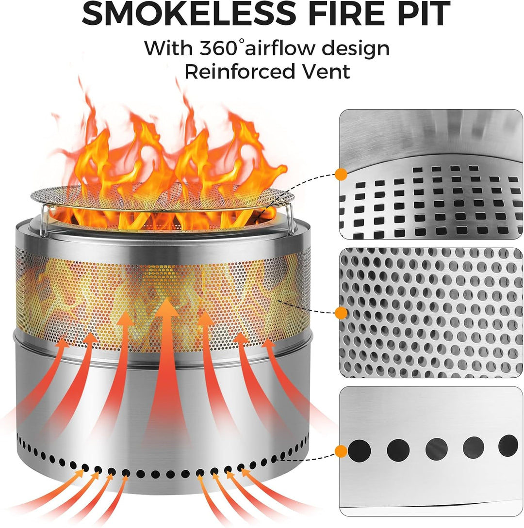 SMOOL 50cm Rauchfreie Feuerschale mit Grillrost + Schürhaken + Mehrzwecktasche, Abnehmbarer Aschekas