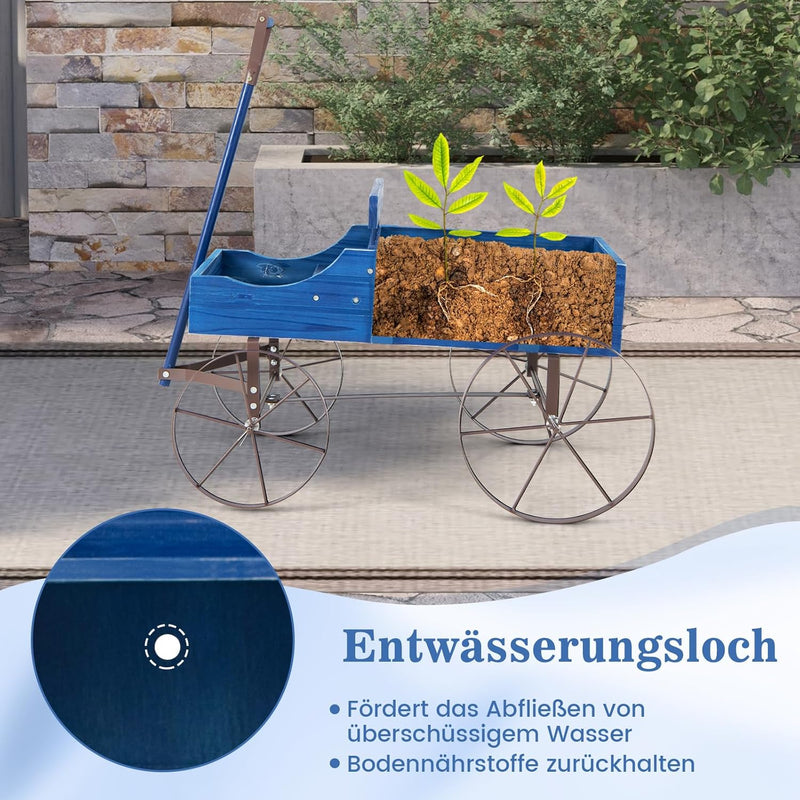 COSTWAY Blumenständer Holzwagen, Pflanzwagen Blumenwagen mit Rädern aus Metall, Blumenkasten Pflanze