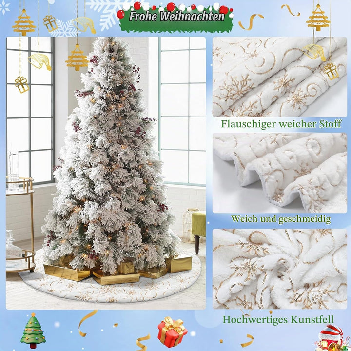 Dremisland Weihnachtsbaum Röcke Grosse Weiss &amp; Golden Plüsch Weihnachtsbaumdecke mit Pailletten Schn