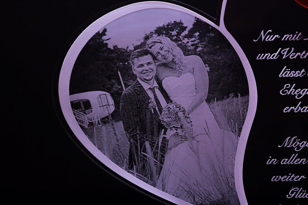Acryl Schild in Herz Form "Hochzeitstag" mit Foto-Lasergravur, Geschenk, 205 mm x 170 mm (Hochzeitss