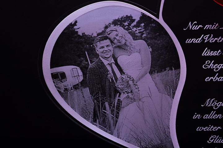Acryl Schild in Herz Form "Hochzeitstag" mit Foto-Lasergravur, Geschenk, 205 mm x 170 mm (Hochzeitss