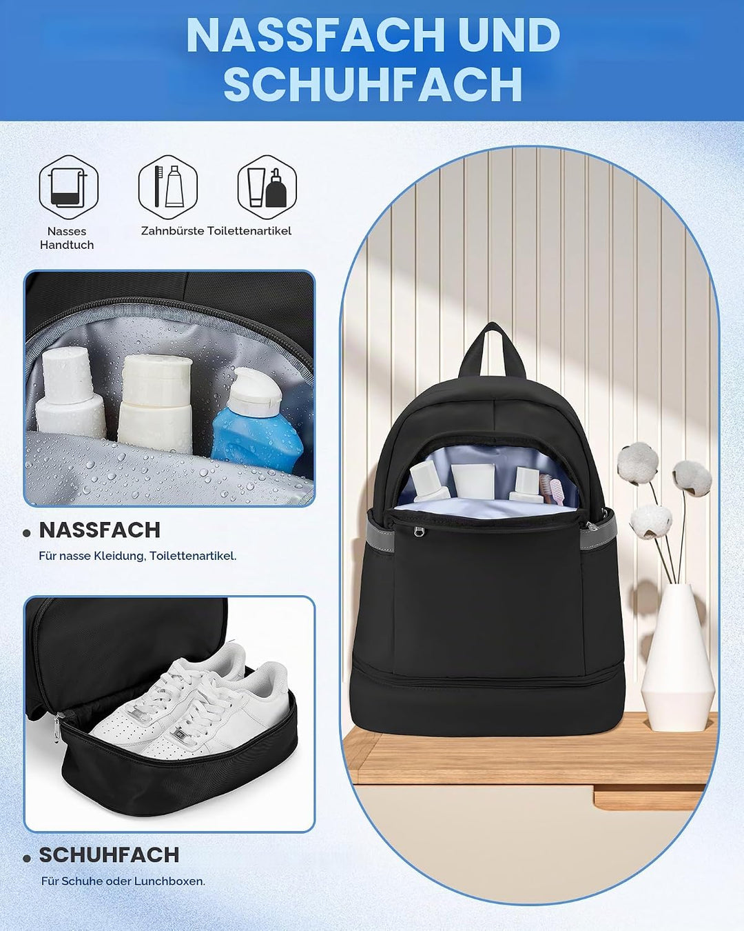 SZLX Sportrucksack für Frauen mit Schuhfach und Nasstasche Faltbarer Handgepäckrucksack Grosser Reis