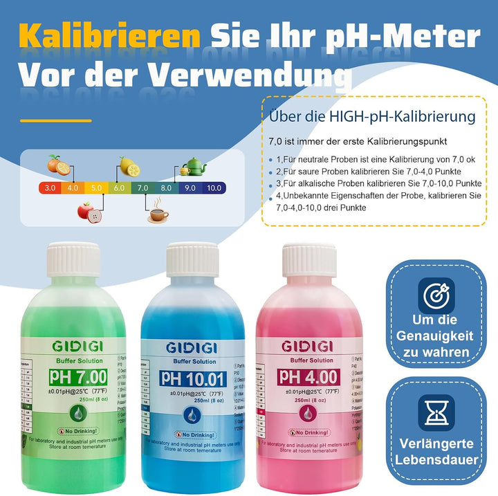 pH Messgerät Kalibrierungslösungs Kit, Enthält pH 4,00, 7,00 und pH 10,01 Lösung, pH Meter Sonden Ka