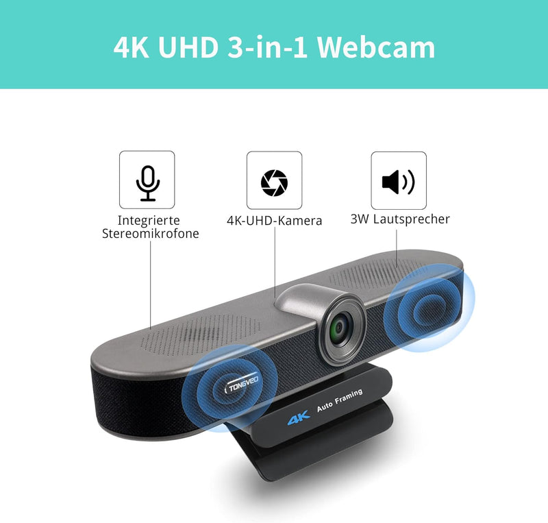 TONGVEO 4K Webcam mit Mikrofon und Lautsprecher, 4X Digitalzoom, ePTZ Videokonferenz Webkamera mit F