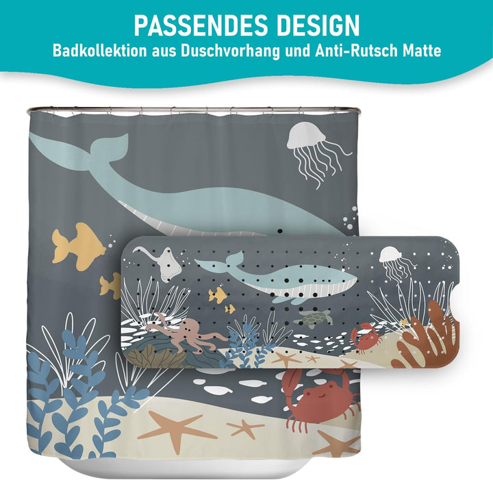 Badewannenmatte 100x40 cm Wasserwelt Dunkelgrau| Badematte rutschfest | Inkl. Aufhängung | Schimmelr