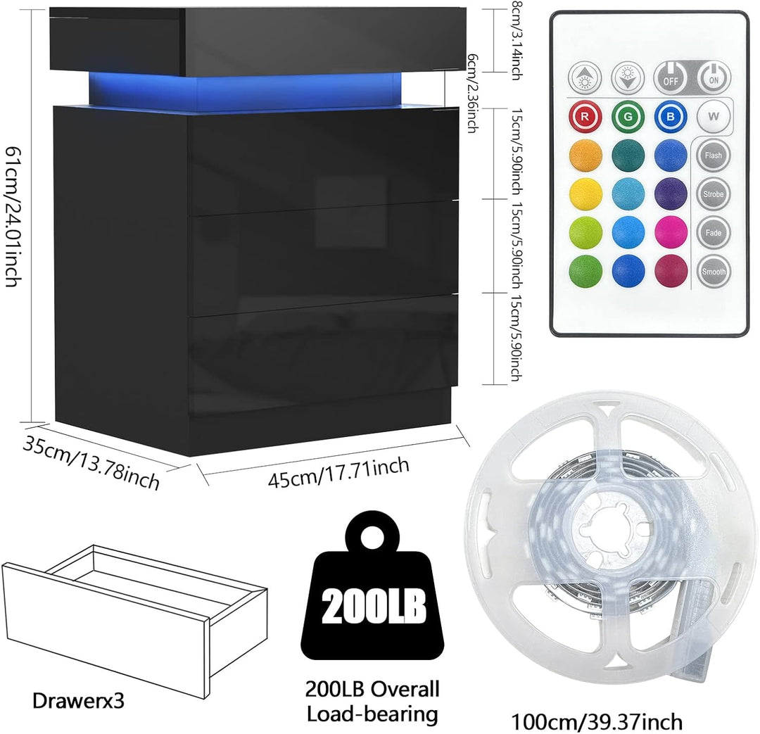Nachttisch Schwarz 2er Set, Nachtschrank mit Led Licht, Nachtkommode mit 3 Schubladen und Schränke m