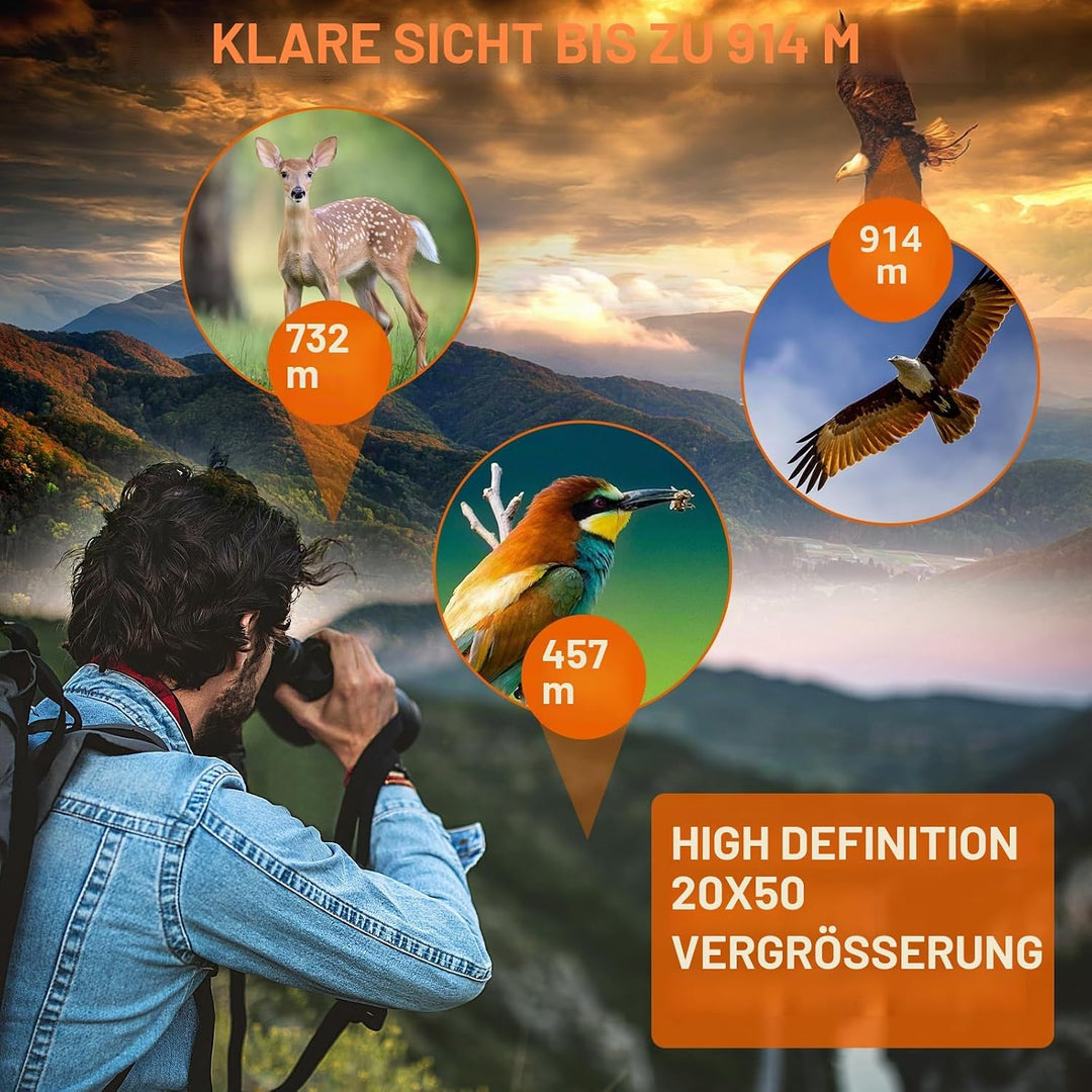 20x50 Fernglas für Erwachsene mit Nachtsicht bei schwachem Licht, kompaktes HD-Profi-/Alltags-Wasser