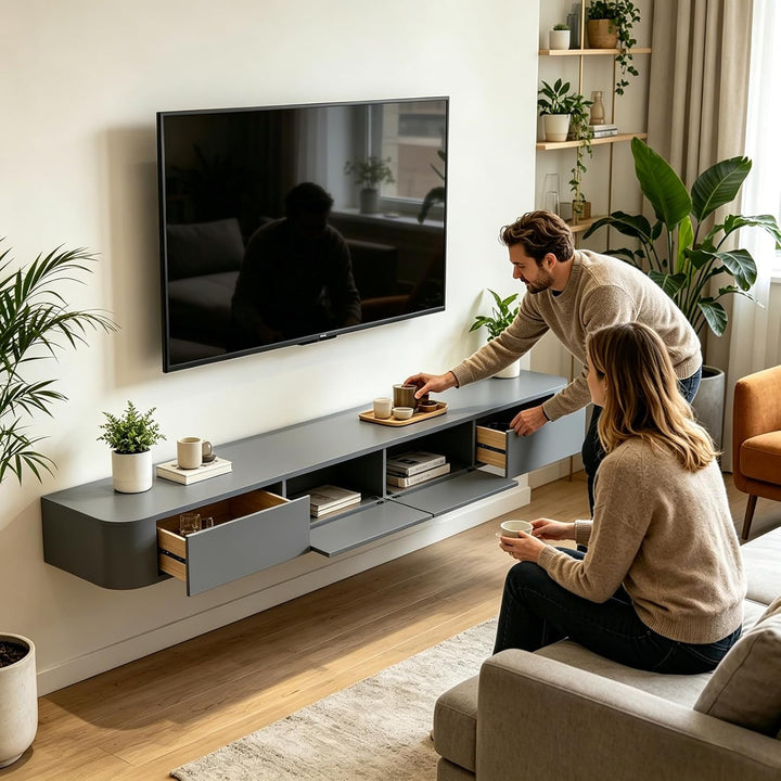 TV Schrank Hängend 240cm, Schwebende TV Lowboard mit 2 Schubladen 2 Klapptüren, Fernsehschrank mit K