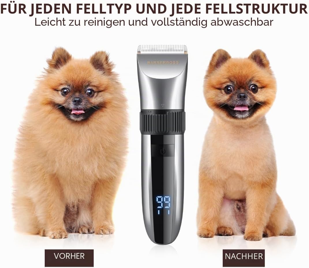 BarberBoss Kabelloser Haustier-Fellpflege-Clipper – Keramikklingen, LED-Display, schnelles Aufladen,