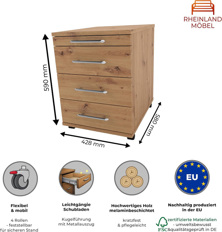 Rollcontainer CADI Home 43×58×59 cm – Bürocontainer in Asteiche mit Orga- & 3 Universal-Schubladen,