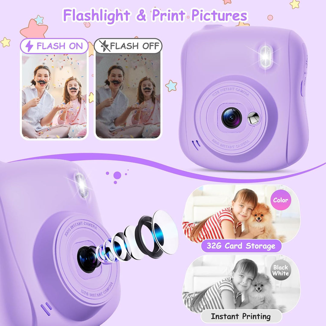Hangrui Kinderkamera Sofortbildkamera, 14MP Sofortbildkamera Kinder mit 32G Karte & Druckpapier, 108