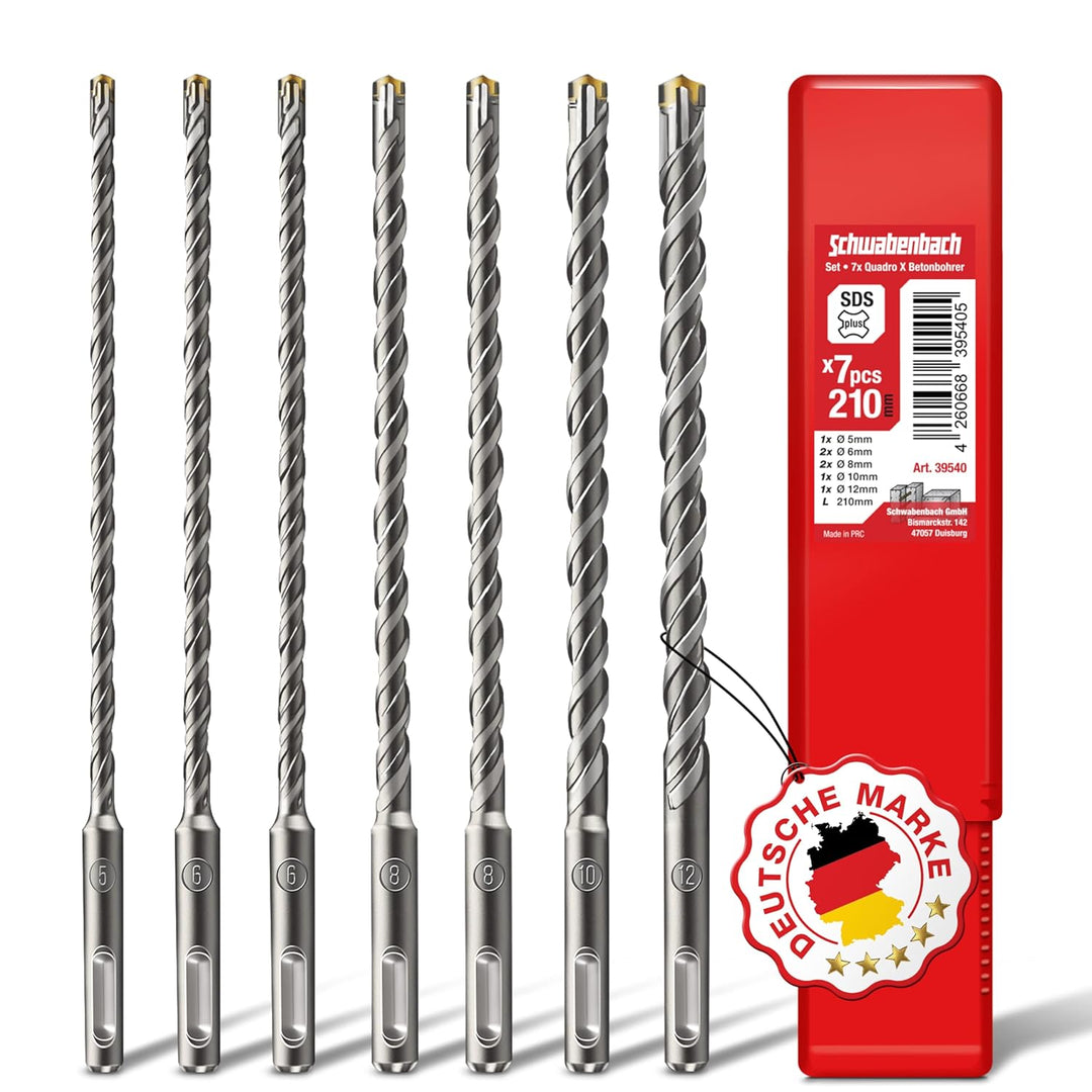 SCHWABENBACH ® SDS PLUS Betonbohrer Set - Super SDS Bohrer Set - 7tlg. 5 6 8 10 12 x 210 mm - Steinb