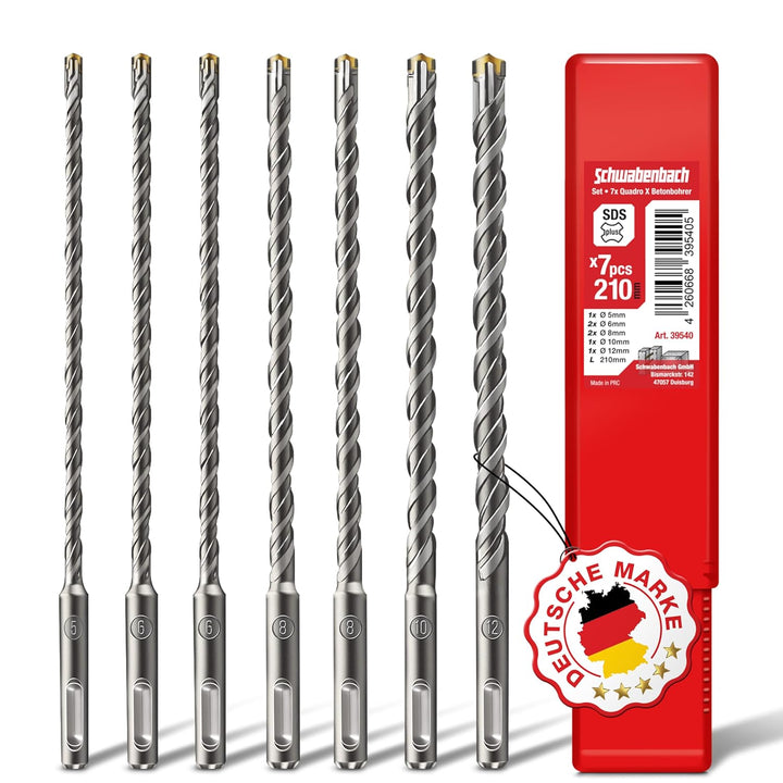 SCHWABENBACH ® SDS PLUS Betonbohrer Set - Super SDS Bohrer Set - 7tlg. 5 6 8 10 12 x 210 mm - Steinb