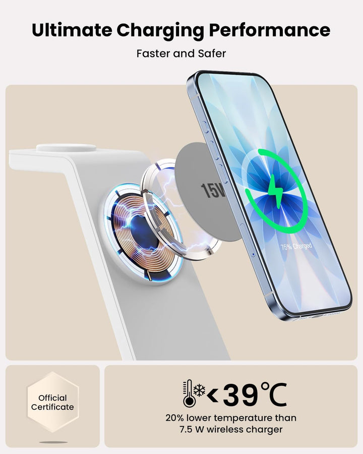 GEEKERA 3-in-1 Ladestation mit MagSafe, Qi2-zertifiziert 15W Schnell Induktive Ladegerät für iPhone