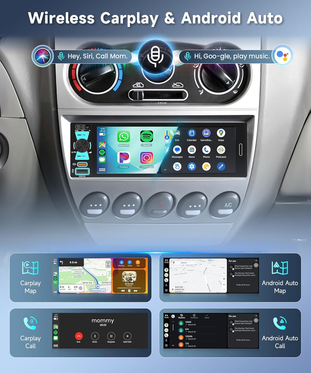 Hodozzy 1 Din RDS Autoradio mit Drahtlos Carplay Android Auto, 6.5 Zoll In-Cell Bildschirm,Unterstüt