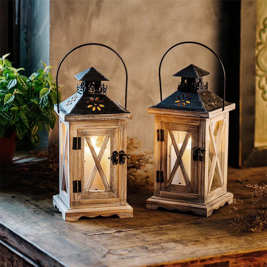 Sziqiqi Laterne Kerzenhalter Vintage Windlicht Laterne Holz Metall Dekorative Windlichthalter für Dr