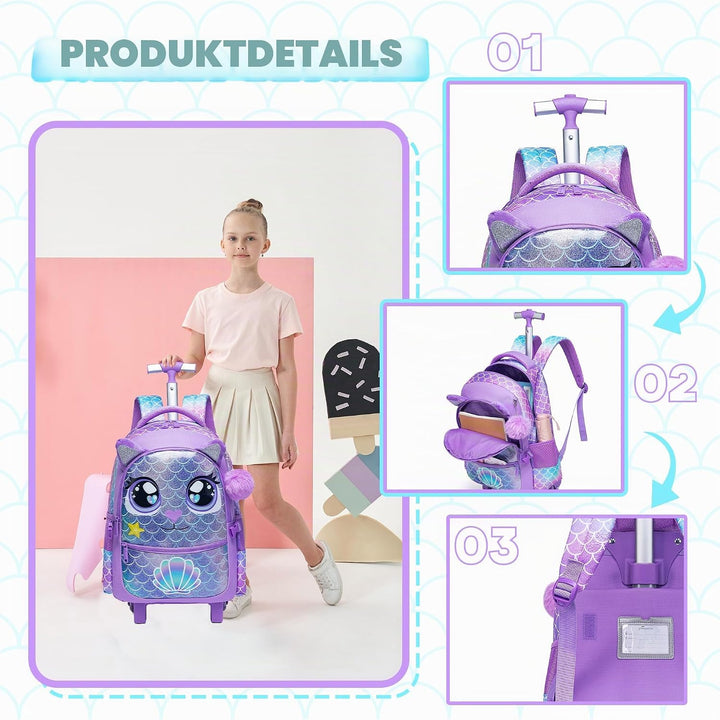 HTgroce Schulranzen Mit Rollen Schulranzen Trolley Mädchen Einhorn Rucksack Mit Rollen Rolling Backp