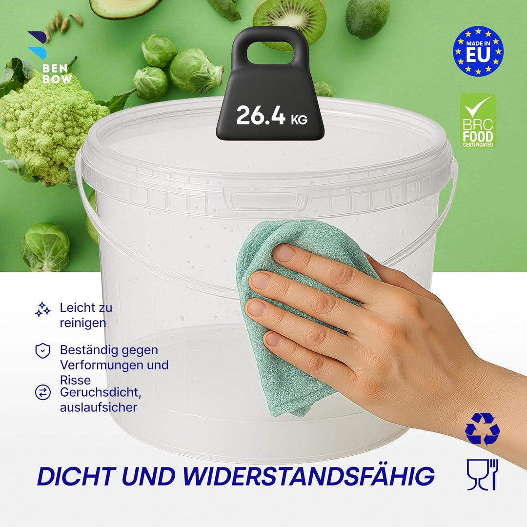 BenBow Eimer mit Deckel 10l Transparent 10x 10 Liter - lebensmittelecht, stabil, luftdicht, auslaufs