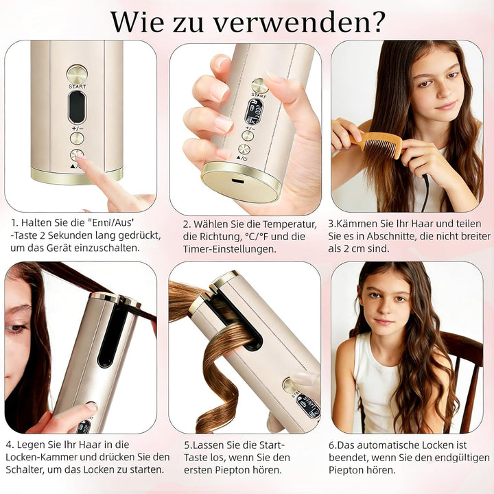 Lockenstab Automatisch Rotierend, Kabelloser Lockenstab Automatisch Keramik, 6 Temperaturstufen, Auf
