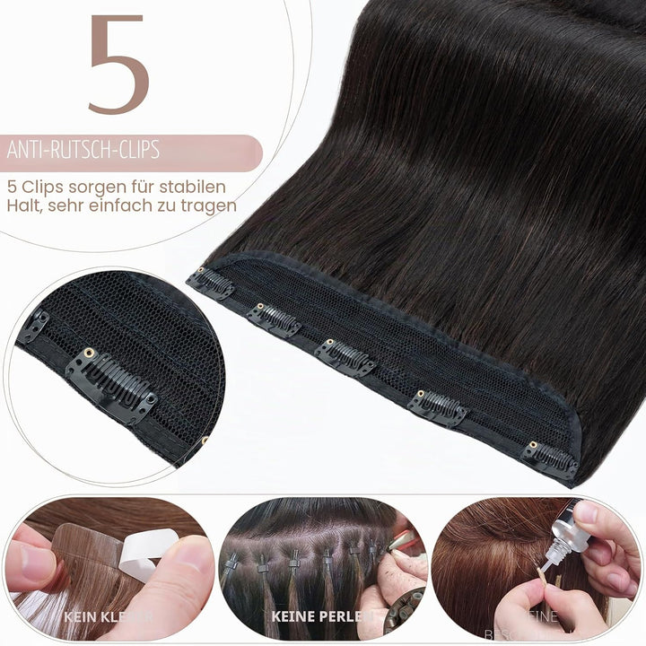 SEGO Haarteil Clip in Extensions Echthaar DICKER Haarverlängerung 1 Tresse 5 Clips Human Hair Glatt
