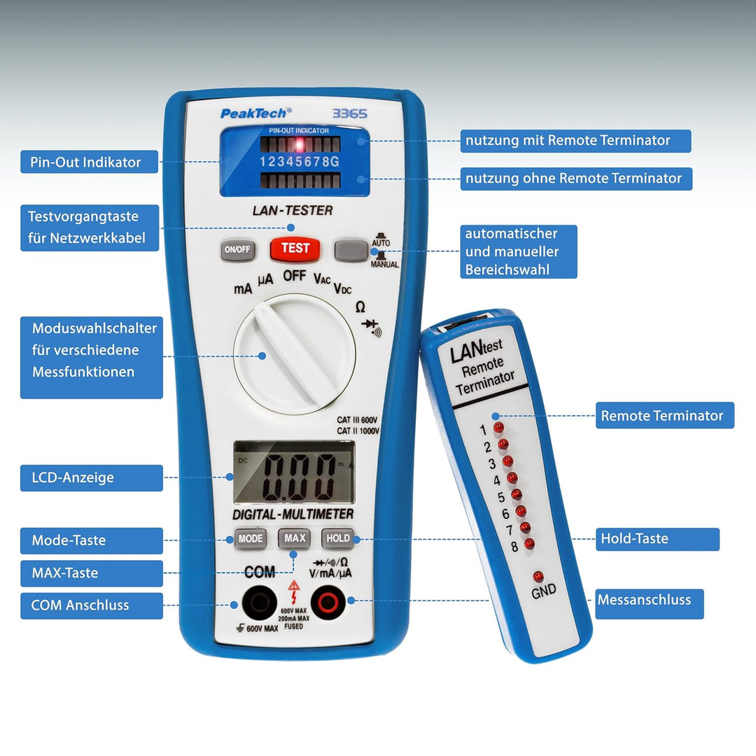 PeakTech 3365 – LAN Tester & Digital Multimeter, Netzwerkprüfgerät, Spannungsprüfer, Handmultimeter,